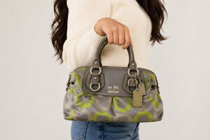 VTG Coach Madison Sabrina Op Art Sateen Satchel Signature Handbag Leather Trim